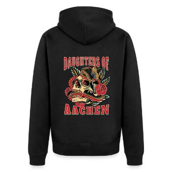 Aachen Power-Frau daughters of Aachen Retro Blumen - Unisex Premium Bio Zip Hoodie - Schwarz - Hinten - Nico (187cm)