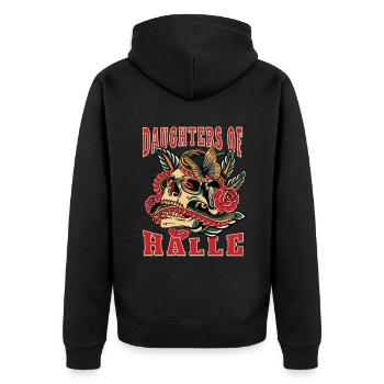 Halle Power-Frau daughters of Halle Retro - Unisex Premium Bio Zip Hoodie - Schwarz - Hinten - Nico (187cm)
