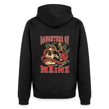 Mainz Power-Frau daughters of Mainz Retro - Unisex Premium Bio Zip Hoodie - Schwarz - Hinten - Nico (187cm)