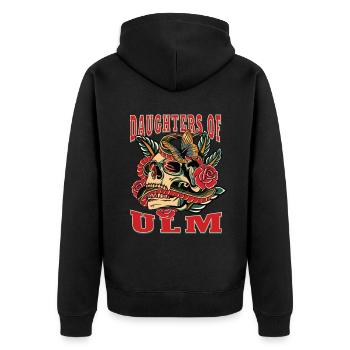 Ulm Power-Frau daughters of Ulm Retro - Unisex Premium Bio Zip Hoodie - Schwarz - Hinten - Nico (187cm)