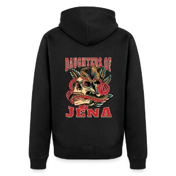 Jena Power-Frau daughters of Jena Retro Blumen - Unisex Premium Bio Zip Hoodie - Schwarz - Hinten - Nico (187cm)