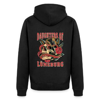 Lüneburg Frau Geschenk daughters of Lüneburg - Unisex Premium Bio Zip Hoodie - Schwarz - Hinten - Nico (187cm)