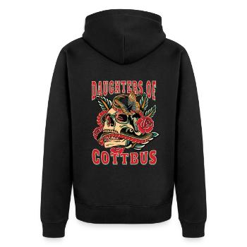 Cottbus Frau Geschenk daughters of Cottbus Frauen - Unisex Premium Bio Zip Hoodie - Schwarz - Hinten - Nico (187cm)