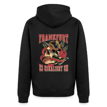 Frankfurt Frau Geschenk es eskaliert eh Frankfurt - Unisex Premium Bio Zip Hoodie - Schwarz - Hinten - Nico (187cm)