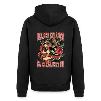 Gelsenkirchen Frau es eskaliert eh Gelsenkirchen - Unisex Premium Bio Zip Hoodie - Schwarz - Hinten - Nico (187cm)
