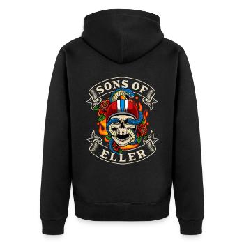 Düsseldorf sons of Eller - Unisex Premium Bio Zip Hoodie - Schwarz - Hinten - Nico (187cm)
