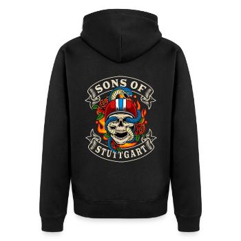 Stuttgart Biker Geschenk sons of Stuttgart - Unisex Premium Bio Zip Hoodie - Schwarz - Hinten - Nico (187cm)