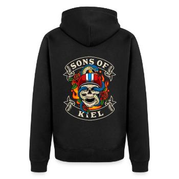 Kiel Biker Gift sons of Kiel - Unisex Premium Organic Zip Hoodie - black - Back - Nico (187cm)