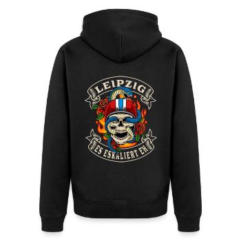 Leipzig Biker Geschenk es eskaliert eh Leipzig - Unisex Premium Bio Zip Hoodie - Schwarz - Hinten - Nico (187cm)