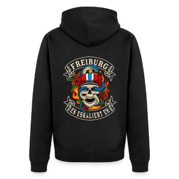 Freiburg biker gift it escalates anyway Freiburg - Unisex Premium Organic Zip Hoodie - black - Back - Nico (187cm)
