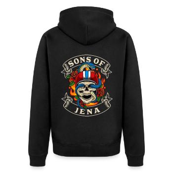 Jena Biker Geschenk sons of Jena Heimat - Unisex Premium Organic Zip Hoodie - black - Back - Nico (187cm)