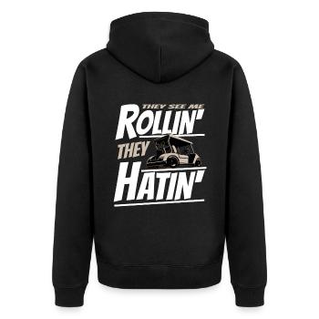 Golfwagen So Rolle Ich Einen Lustigen Golfer - Unisex Premium Bio Zip Hoodie - Schwarz - Hinten - Nico (187cm)