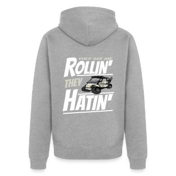 Golfwagen So Rolle Ich Einen Lustigen Golfer - Unisex Premium Bio Zip Hoodie - Grau meliert - Hinten - Nico (187cm)