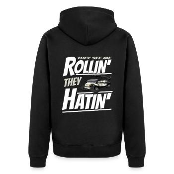 Golfwagen So Rolle Ich Einen Lustigen Golfer - Unisex Premium Bio Zip Hoodie - Schwarz - Hinten - Nico (187cm)