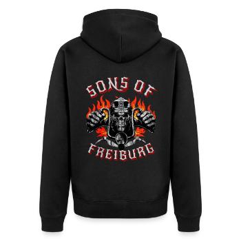 Freiburg Biker Geschenk sons of Freiburg - Unisex Premium Organic Zip Hoodie - black - Back - Nico (187cm)