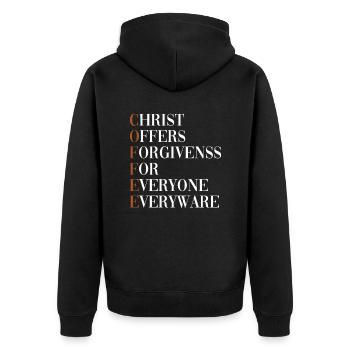 Christ offers forgiveness to everyone, everywhere - Unisex Premium Organic Zip Hoodie - black - Back - Nico (187cm)