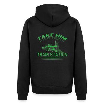 Train and USA flag I'm still playing with train - Unisex Premium Organic Zip Hoodie - black - Back - Nico (187cm)