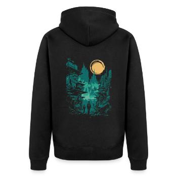 Erleben Sie Die Zukunft Mit Unserem Future City - Unisex Premium Bio Zip Hoodie - Schwarz - Hinten - Nico (187cm)