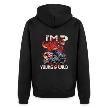 7th Birthday Kids Monster Dino Truck I' - Unisex Premium Organic Zip Hoodie - black - Back - Nico (187cm)