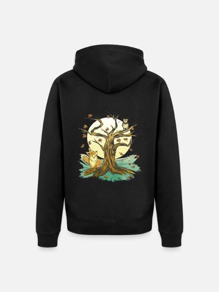 Fuchs Eule Wald Camping Tiere - Unisex Premium Bio Zip Hoodie - Schwarz