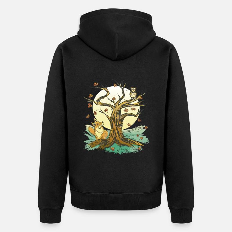 Fuchs Eule Wald Camping Tiere - Unisex Premium Bio Zip Hoodie - Schwarz