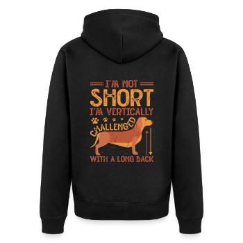 Ich bin nicht klein, ich bin ein vertikal herausgeforderter Dackel - Unisex Premium Bio Zip Hoodie - Schwarz - Hinten - Nico (187cm)