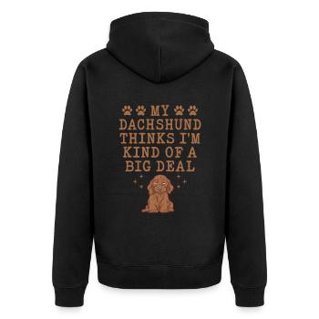 Mein Dackel denkt, ich sei ein großer Hundeliebhaber - Unisex Premium Bio Zip Hoodie - Schwarz - Hinten - Nico (187cm)