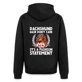 Dackelhaar ist es egal, es ist ein modisches Statement - Unisex Premium Bio Zip Hoodie - Schwarz - Hinten - Nico (187cm)