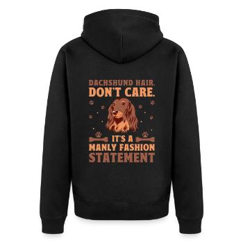 Dackelhaar ist es egal, es ist ein modisches Statement - Unisex Premium Bio Zip Hoodie - Schwarz - Hinten - Nico (187cm)