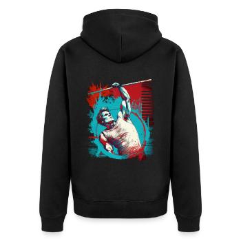 Stabhochspringer in Aktion - Unisex Premium Bio Zip Hoodie - Schwarz - Hinten - Nico (187cm)