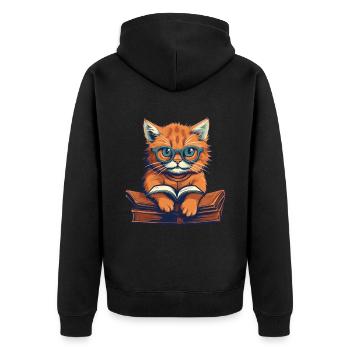 Katze mit Buch und Schriftzug - Unisex Premium Bio Zip Hoodie - Schwarz - Hinten - Nico (187cm)