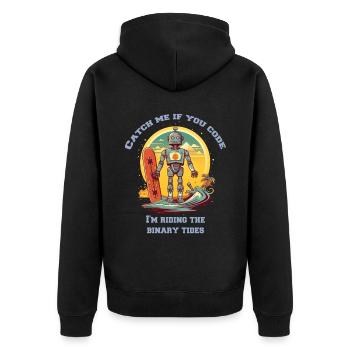 Roboter am Strand mit Schriftzug - Unisex Premium Bio Zip Hoodie - Schwarz - Hinten - Nico (187cm)