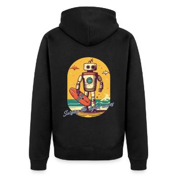 Robotor mit Surfbrett und Schriftzug - Unisex Premium Bio Zip Hoodie - Schwarz - Hinten - Nico (187cm)