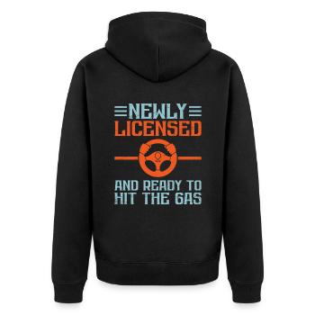 Führerschein bestanden Neuer Führerschein Fahren S - Unisex Premium Bio Zip Hoodie - Schwarz - Hinten - Nico (187cm)