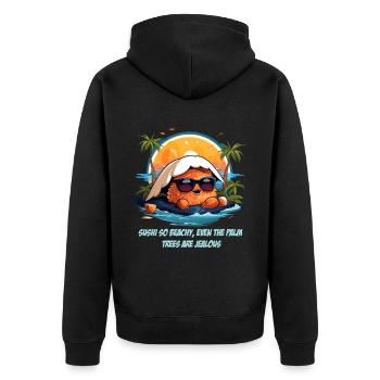 Sushi under palm trees with a funny saying - Unisex Premium Organic Zip Hoodie - black - Back - Nico (187cm)