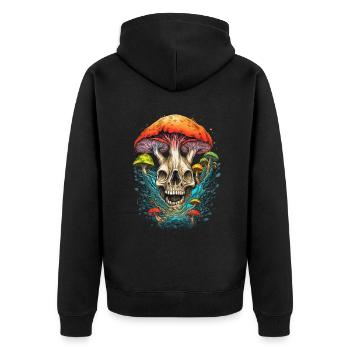Trippy Goa Pilztotenkopf - Unisex Premium Bio Zip Hoodie - Schwarz - Hinten - Nico (187cm)