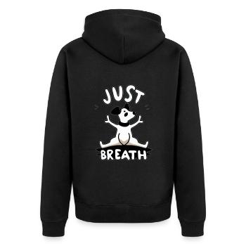 Süßer Yoga Hund beim Yoga mit "just breath" Spruch - Unisex Premium Bio Zip Hoodie - Schwarz - Hinten - Nico (187cm)