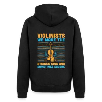 Geiger, wir bringen die Saiten zum Singen und manchmal - Unisex Premium Bio Zip Hoodie - Schwarz - Hinten - Nico (187cm)