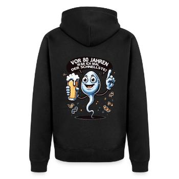 Vor 80 Jahren War Ich Schnellste - Unisex Premium Bio Zip Hoodie - Schwarz - Hinten - Nico (187cm)