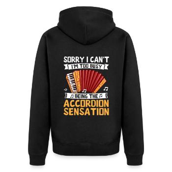 Tut mir leid, ich kann nicht, ich bin zu sehr damit beschäftigt, der Akkordeon-Sen zu sein - Unisex Premium Bio Zip Hoodie - Schwarz - Hinten - Nico (187cm)