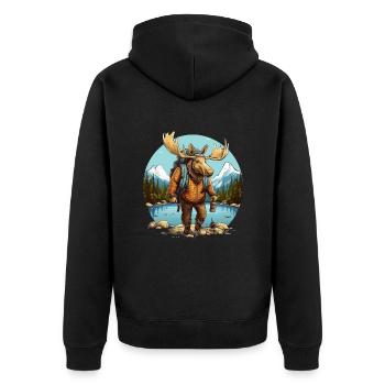 Wanderer Elchmit Wanderausrüstung im Wald - Natur - Unisex Premium Bio Zip Hoodie - Schwarz - Hinten - Nico (187cm)