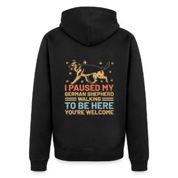 Ich habe meinen Deutschen Schäferhund beim Gehen angehalten, um hier zu sein GSD - Unisex Premium Bio Zip Hoodie - Schwarz - Hinten - Nico (187cm)