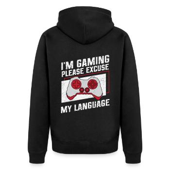 Je joue, veuillez excuser ma langue - Veste à capuche bio Premium Unisexe - noir - Dos - Nico (187cm)