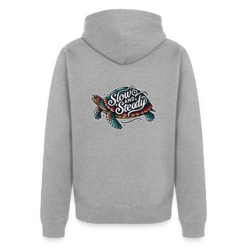 Patience avec notre tortue lente et régulière - Veste à capuche bio Premium Unisexe - gris chiné - Dos - Nico (187cm)