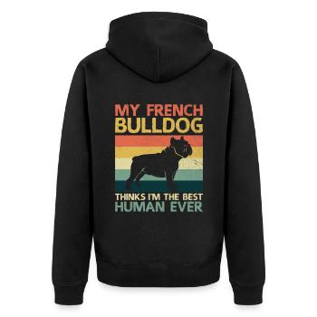 Meine Französische Bulldogge hält mich für den besten Menschen aller Zeiten. - Unisex Premium Bio Zip Hoodie - Schwarz - Hinten - Nico (187cm)