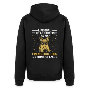 Lebensziel: So sorglos zu sein wie meine französische Bulldogge T - Unisex Premium Bio Zip Hoodie - Schwarz - Hinten - Nico (187cm)