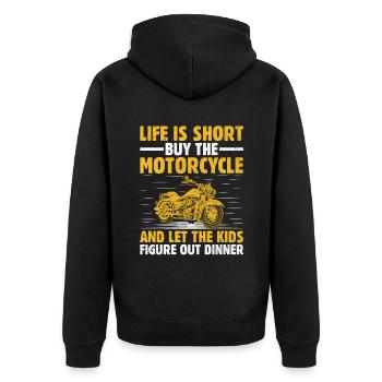 Das Leben ist kurz, aber das Motorrad und lass die Kinder - Unisex Premium Bio Zip Hoodie - Schwarz - Hinten - Nico (187cm)