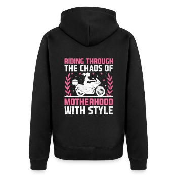 Mit Stil durch das Chaos der Mutterschaft fahren - Unisex Premium Bio Zip Hoodie - Schwarz - Hinten - Nico (187cm)