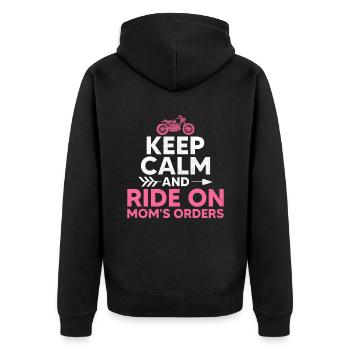 Bleib ruhig und fahre auf Mamas Befehl Motorradfahren Bi - Unisex Premium Bio Zip Hoodie - Schwarz - Hinten - Nico (187cm)