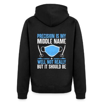 Präzision ist mein zweiter Vorname, naja, nicht wirklich, aber es - Unisex Premium Bio Zip Hoodie - Schwarz - Hinten - Nico (187cm)